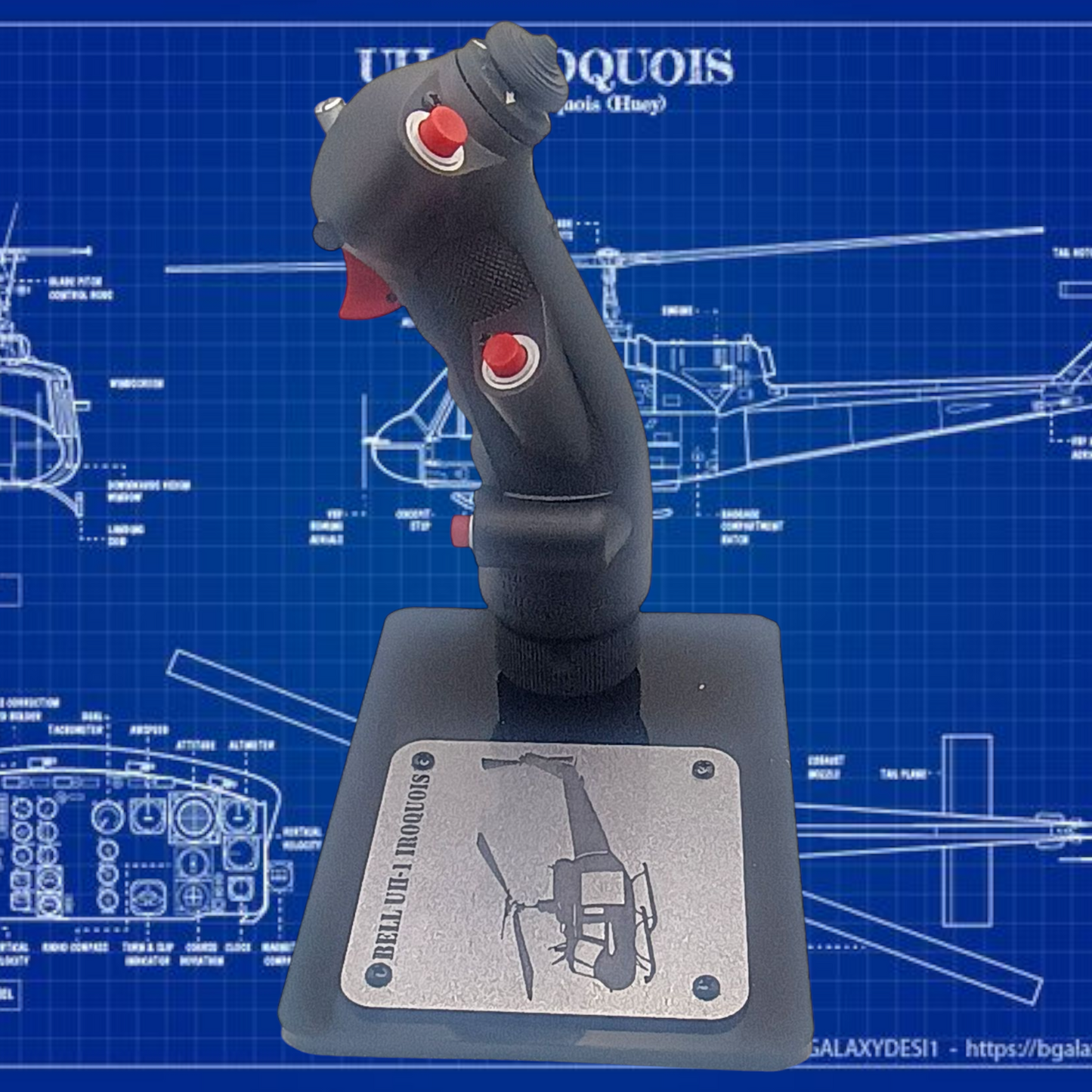 Left view of UH-1 helicopter stick replica on black base