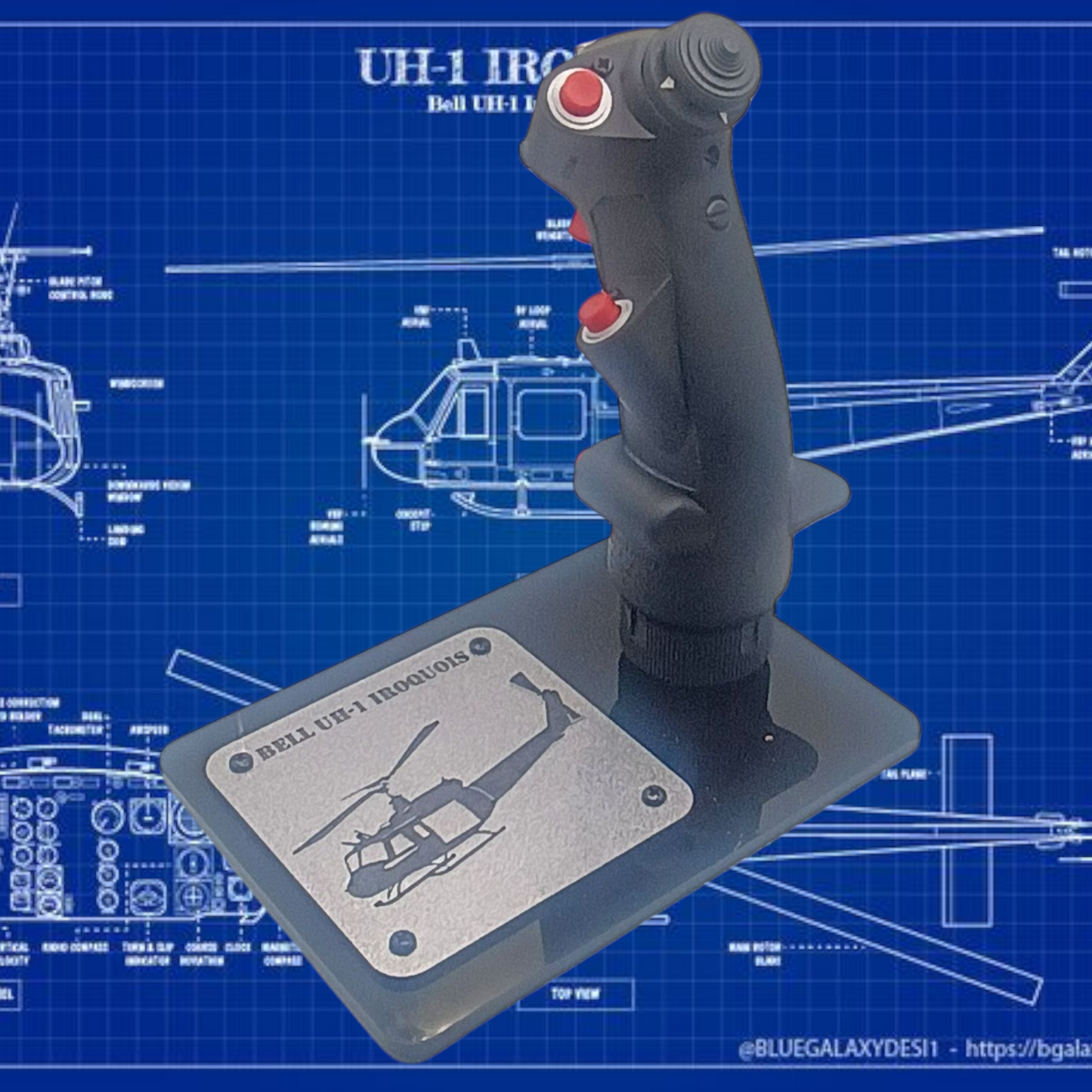 Left view of UH-1 helicopter stick replica on black base