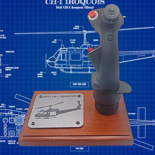 Front view of UH-1 Huey stick replica with wood base.